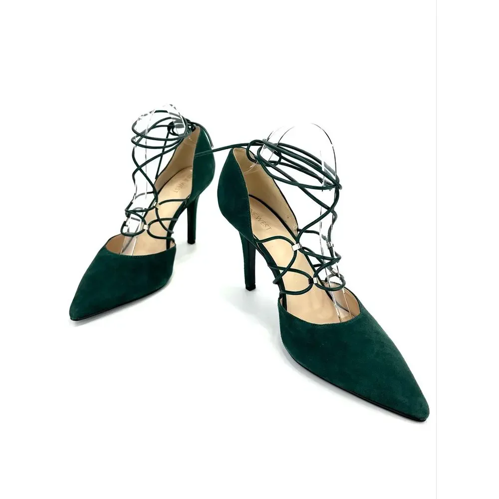 Nine West Jarraho D'Orsay Stiletto Pump Sz 10 Green Suede Adjustable Ankle-Wrap